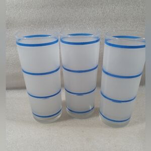 3 PC MCM Vintage Libbey Tom Collins Highball Blue Frosted Striped Glasses